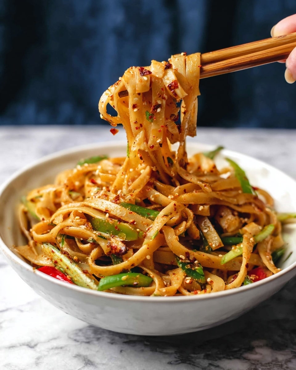 A white bowl filled with thick, flat noodles coated in a reddish oil sauce with visible red pepper flakes, mixed with green sliced vegetables and small pieces of red bell pepper. The noodles are tangled and lifted by a pair of wooden chopsticks held by a woman's hand, showing the noodles’ soft and slightly oily texture. The bowl rests on a white marbled surface, with a dark blurred background. photo taken with an iphone --ar 4:5 --v 7