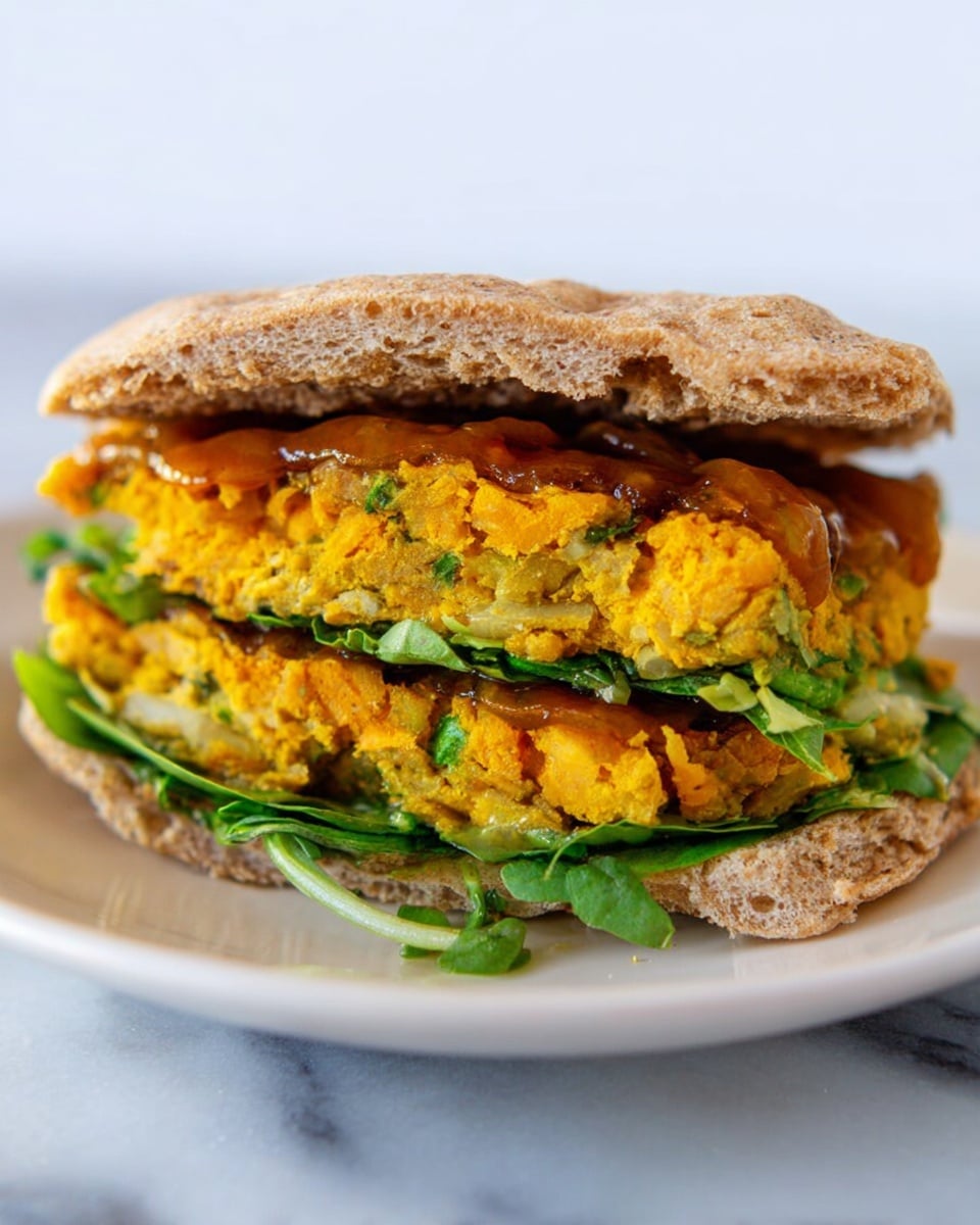 The image shows a sandwich with three visible layers inside a soft, light brown whole grain flatbread. The bottom layer contains fresh green leafy vegetables, giving a crisp look. The middle layer is a thick, orange-yellow patty with bits of green herbs mixed in, adding texture. The top layer is a smooth, dark golden sauce spread evenly across the patty. The sandwich rests on a white plate set on a white marbled surface. Photo taken with an iphone --ar 4:5 --v 7