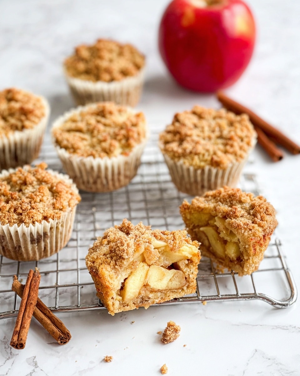 The image shows six small crumb-topped muffins placed on a silver wire cooling rack over a white marbled surface. Each muffin is in a white paper liner. The muffins have two main layers: a golden brown crumbly topping with a coarse texture, and underneath, a light brown soft cake layer with visible pieces of apple inside. One muffin is cut in half, showing the inside layers clearly with chunky apple bits. In the background, there is a red apple and two cinnamon sticks on the white marbled surface. The scene is bright and soft-focused in the back, with the muffins in sharp detail at the front. Photo taken with an iphone --ar 4:5 --v 7