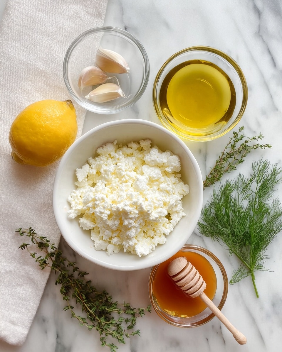 A white bowl filled with fluffy white cottage cheese is placed on a white marbled surface. To the left of the bowl is a bright yellow lemon and a small clear glass bowl with two cloves of garlic inside. Above the bowl of cheese is a clear glass bowl filled with golden olive oil. To the right side, fresh green dill and some thyme sprigs lie next to the bowl. Below and to the right of the cheese bowl is a small clear glass bowl holding amber-colored honey with a wooden honey dipper resting inside. A folded white napkin is placed on the top left corner of the marble surface. Photo taken with an iphone --ar 4:5 --v 7
