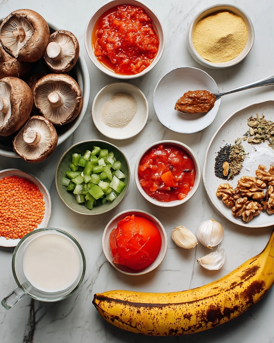 The image shows many ingredients laid out on a white marbled surface. On the left, a white bowl holds large brown mushrooms with their tops and gills visible. Below it, a spoon with a thick brown paste rests next to a small white bowl filled with chopped green bell peppers. In the center bottom, there is a clear glass cup filled with light cream-colored milk. Above it, a small bowl holds split red lentils, next to a bowl with bright red tomato chunks in liquid. To the right of the tomatoes, a small white bowl has a light yellow powder, and directly above it is a small bowl with white powder. Near the middle right, two peeled garlic cloves and a whole small brown shallot sit alongside a small plate holding uneven walnut halves. A yellow-black spotted ripe plantain rests horizontally at the bottom right. On the upper right, a white shallow dish presents a colorful mix of dried herbs and spices, next to a small bowl holding smooth red sauce. Everything is neatly arranged with clear textures and bright, natural colors. Photo taken with an iphone --ar 4:5 --v 7