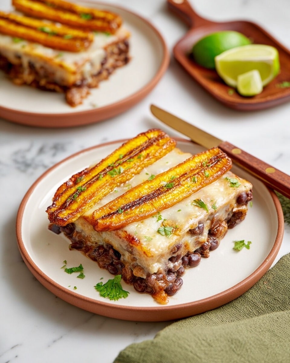 The dish shows one square piece of layered casserole with three main visible layers. The bottom layer is dark brown with a chunky texture, likely beans or meat. The middle layer is creamy and light beige in color, smooth and thick. The top layer has two long, golden-yellow roasted plantains with grill marks, placed side by side. Small green herb leaves are scattered on and around the piece. The dish sits on a white plate with a light brown rim, placed on a white marbled surface. In the background, there is a second piece of the same dish on a similar plate, blurred. A brown wooden-handled knife and a small wooden tray holding lime wedges are also visible, along with a green cloth napkin near the plate. Photo taken with an iphone --ar 4:5 --v 7