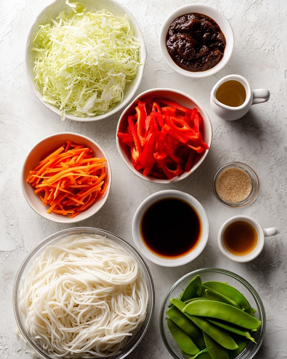 The image shows a top view of multiple white bowls on a white marbled surface, each filled with different fresh ingredients. Starting from the top left, there is a bowl filled with thinly sliced light green cabbage, next to it a small white bowl with dark red gochujang sauce. Below the cabbage is a bowl with bright red sliced red peppers, while the center has a deep white bowl packed with thin, vibrant orange carrot sticks. To the right of the carrots, separate clear bowls hold dark brown vegan oyster/mushroom sauce, light translucent mirin, and a smaller bowl with brown sugar. Below these, a small white pitcher contains amber sesame oil. At the bottom left, a large clear bowl contains thick, creamy white udon noodles, and to the bottom right, a white bowl holds fresh green snow peas. The overall scene has vibrant colors and clear textures on a clean white marbled surface. Photo taken with an iphone --ar 4:5 --v 7