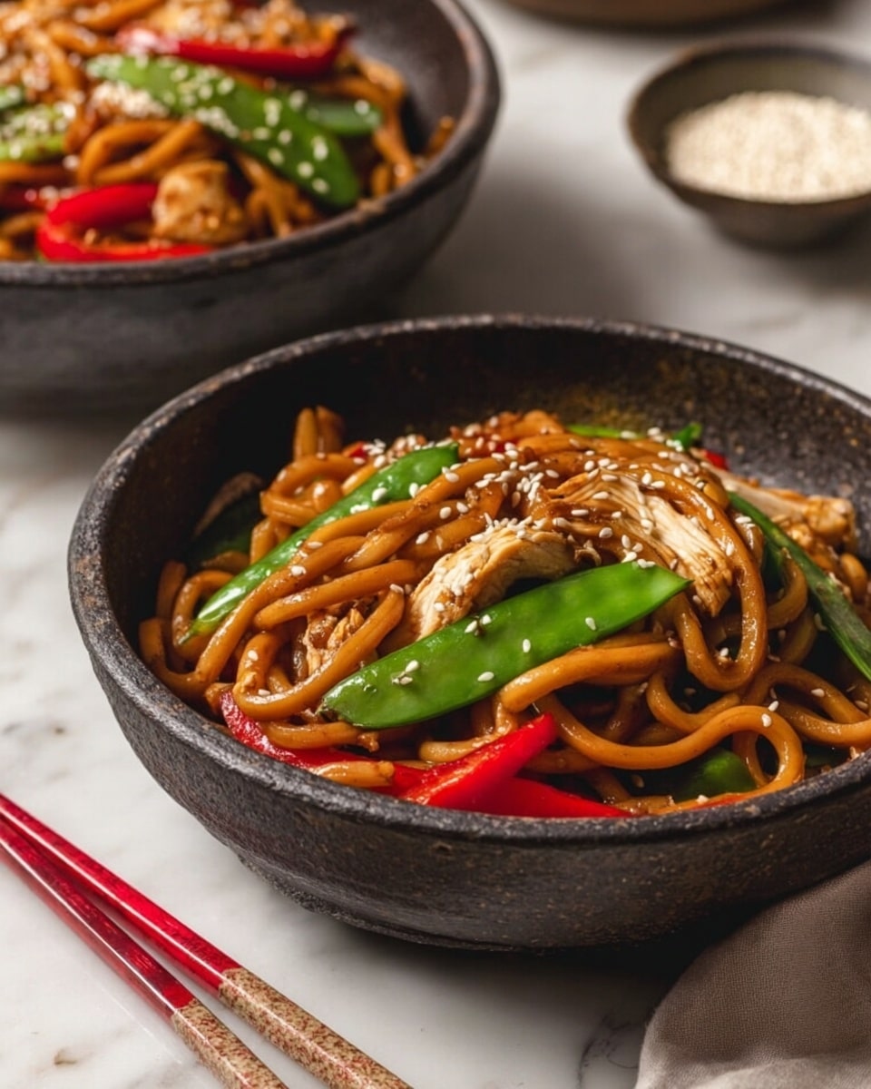 The image shows a textured dark bowl filled with stir-fried udon noodles. The top layer consists of shiny, thick, brown noodles mixed with bright green snap peas and red bell pepper slices, along with a few pieces of light-colored chicken. White sesame seeds are sprinkled over the noodles for added texture. There is another similar bowl partially visible in the background, and a pair of red and beige chopsticks resting on the white marbled surface beside the bowl. A small dish filled with white sesame seeds is also placed near the bowl. The setting uses a white marbled background and soft natural lighting that highlights the colors and textures of the dish. photo taken with an iphone --ar 4:5 --v 7