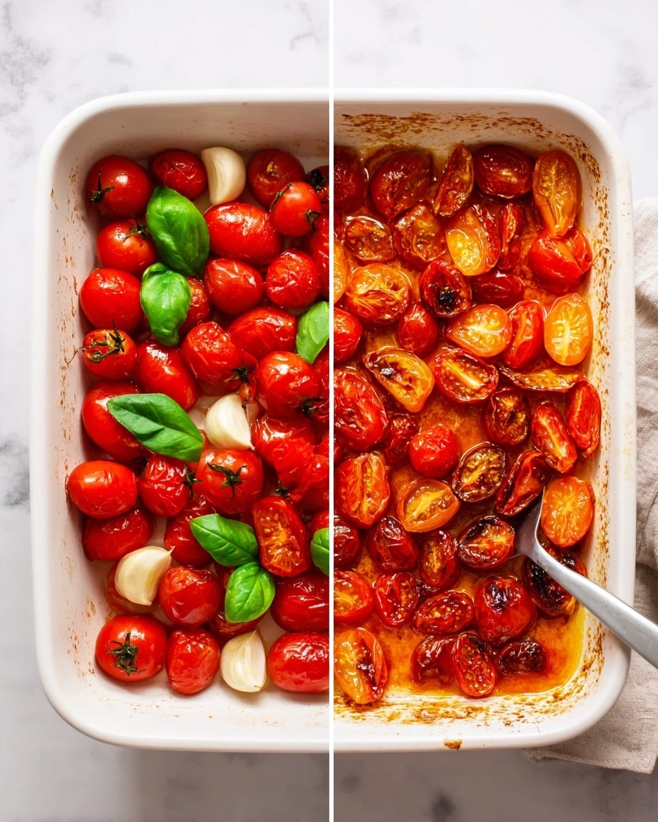 The image shows a side-by-side comparison of a white square baking dish on a white marbled surface. On the left side, the dish is filled with whole and sliced red cherry tomatoes, some fresh green basil leaves, and whole cloves of garlic, all fresh and colorful. On the right side, the same dish holds roasted tomatoes and garlic that have turned soft and slightly wrinkled, with a rich red and orange oily liquid spread at the bottom. A silver spoon is partially visible on the right side of the dish, pushed into the roasted mixture. Photo taken with an iphone --ar 4:5 --v 7