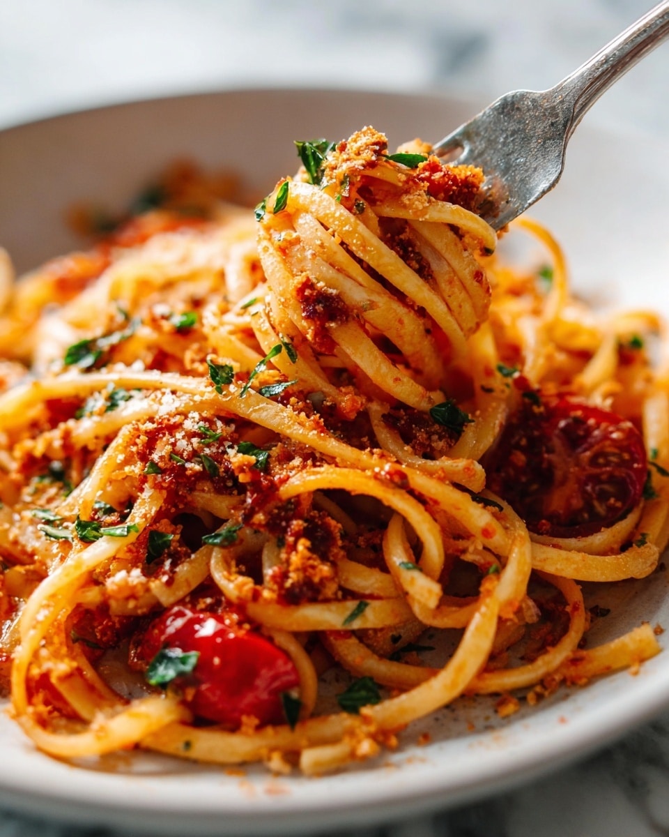 A close-up view of a white plate filled with noodles mixed with red sauce, topped with scattered green herbs and light brown crumbly bits. The noodles are long, slightly curled, and glossy with a smooth texture coated in sauce. A silver fork lifts a small twirl of noodles garnished with green herbs, showing their thickness and softness. Bright red cherry tomato pieces and some darker seasoning specks are visible among the noodles. The dish is set on a white marbled surface. Photo taken with an iphone --ar 4:5 --v 7