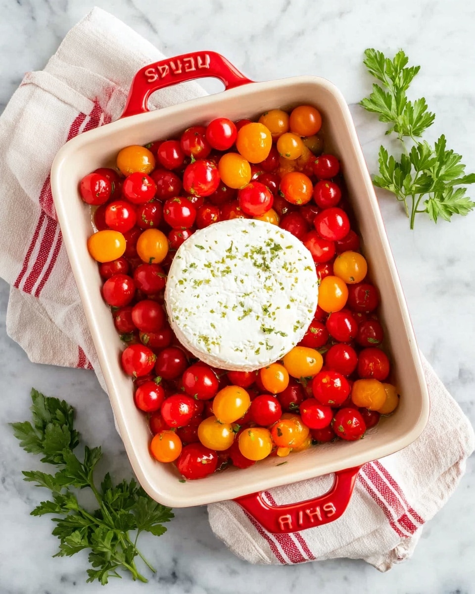 A white rectangular baking dish with red handles is filled with small red, orange, and yellow cherry tomatoes, creating a colorful base layer. Centered on top of the tomatoes is a round white cheese, smooth in texture with small herbs visible inside. The dish is placed on a white marbled surface with a red-striped white cloth nearby and a couple of green parsley sprigs on one side. The overall look is fresh and bright with a simple, clean background. photo taken with an iphone --ar 4:5 --v 7