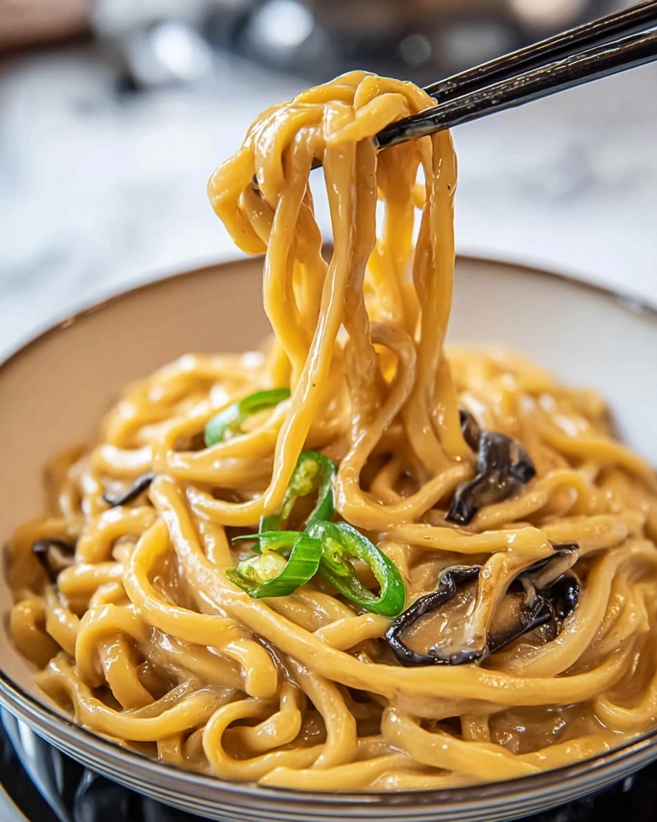 A close-up view of thick, yellow noodles covered in a smooth, creamy light brown sauce, served in a white bowl. The noodles are swirling with some dark brown mushroom pieces and topped with a few small, bright green sliced vegetables. A pair of black chopsticks is lifting a portion of the noodles above the bowl, showing their shiny and soft texture. The background has a soft blur with a white marbled texture surface below. Photo taken with an iphone --ar 4:5 --v 7