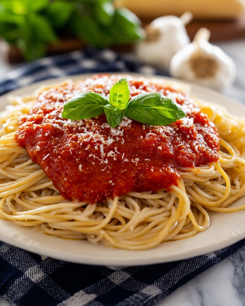 A white plate holds a serving of spaghetti with pale yellow noodles that create a loose, layered base. On top, there is a thick layer of bright red tomato sauce with a slightly chunky texture. Lightly sprinkled on the sauce is a dusting of white grated cheese. A fresh green basil leaf with visible veins is placed in the center on top of the sauce, adding a pop of green color. The plate is set on a dark blue and white checkered cloth, with a blurred background featuring garlic bulbs and green basil leaves on a white marbled surface. Photo taken with an iphone --ar 4:5 --v 7