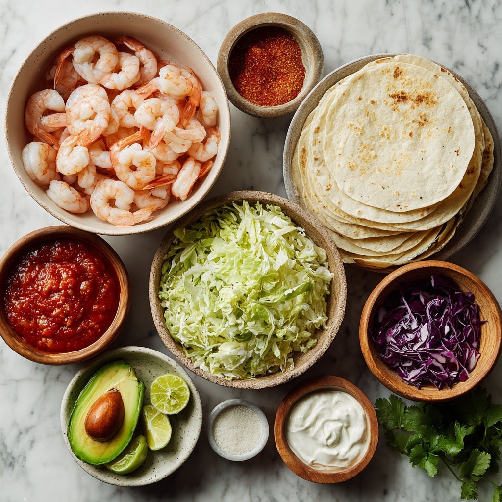 Three soft yellow tortillas are laid side by side on a white marbled surface, each filled with a generous layer of grilled shrimp with a reddish-orange char. Underneath the shrimp, there is a layer of light green creamy sauce with small bits of herbs, topped with fresh green cilantro leaves scattered on and around the shrimp. Each taco has a dollop of the same green sauce on top, adding a smooth and creamy texture contrast. To the right, there is a wedge of lime partially visible, enhancing the fresh look of the dish. The photo taken with an iphone --ar 4:5 --v 7