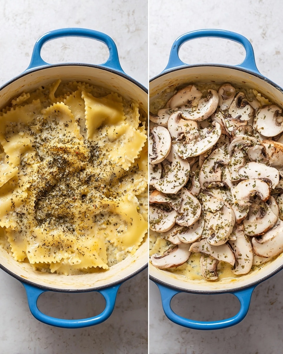 The image shows a white enamel pot with a blue handle, placed on a white marbled surface. Inside the pot, there are flat, wide pasta pieces with ruffled edges in a creamy light yellow sauce. The pasta is covered with a sprinkle of dried herbs, mainly green and brown in color. In the right side of the image, the same pot contains the same pasta and sauce layers but topped with a layer of sliced raw mushrooms, which are white with brown gills and stems, scattered evenly across the pasta surface. Photo taken with an iphone --ar 4:5 --v 7