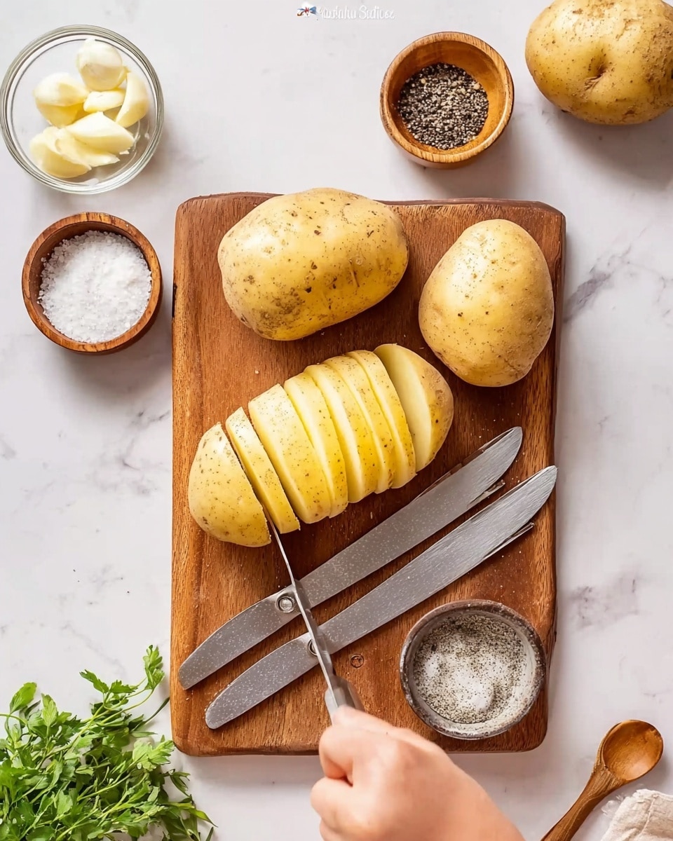 The image shows a wooden cutting board on a white marbled surface with four whole peeled potatoes and a woman's hand slicing one potato vertically into even sections with a knife. Below the potatoes, there are three butter knives laid out horizontally on the board. Around the cutting board, there are small glass and white bowls holding ingredients: peeled garlic cloves in a glass bowl, ground black pepper in a wooden bowl, and salt in another wooden bowl with a small wooden spoon inside. Some fresh green herbs are placed at the bottom left corner of the board. Photo taken with an iphone --ar 4:5 --v 7