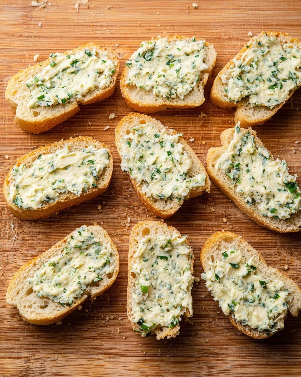 The image shows nine slices of bread laid out on a wooden cutting board. Each slice is spread with a creamy mixture that has visible small green herb pieces mixed throughout. The bread slices are light brown with a soft, porous texture, and the spread looks smooth with bits of herbs adding a slightly rough texture. The cutting board has a warm wood grain with slight scratches and crumbs scattered around the slices. photo taken with an iphone --ar 4:5 --v 7