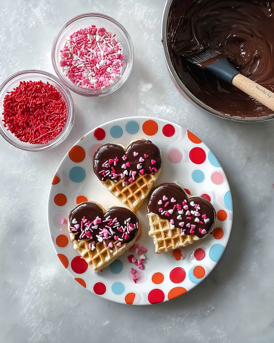 Three heart-shaped waffles are placed on a white plate with a colorful dotted pattern of red, blue, and orange circles. Each waffle is dipped halfway in smooth dark chocolate and decorated with different small pink, red, and white heart-shaped sprinkles and confetti. To the left of the plate, there are three small clear containers filled with red and pink heart sprinkles of various shapes and sizes. On the upper right, a metal bowl holds melted dark chocolate being stirred with a black spatula with a wooden handle. The scene is set on a white marbled surface photo taken with an iphone --ar 4:5 --v 7