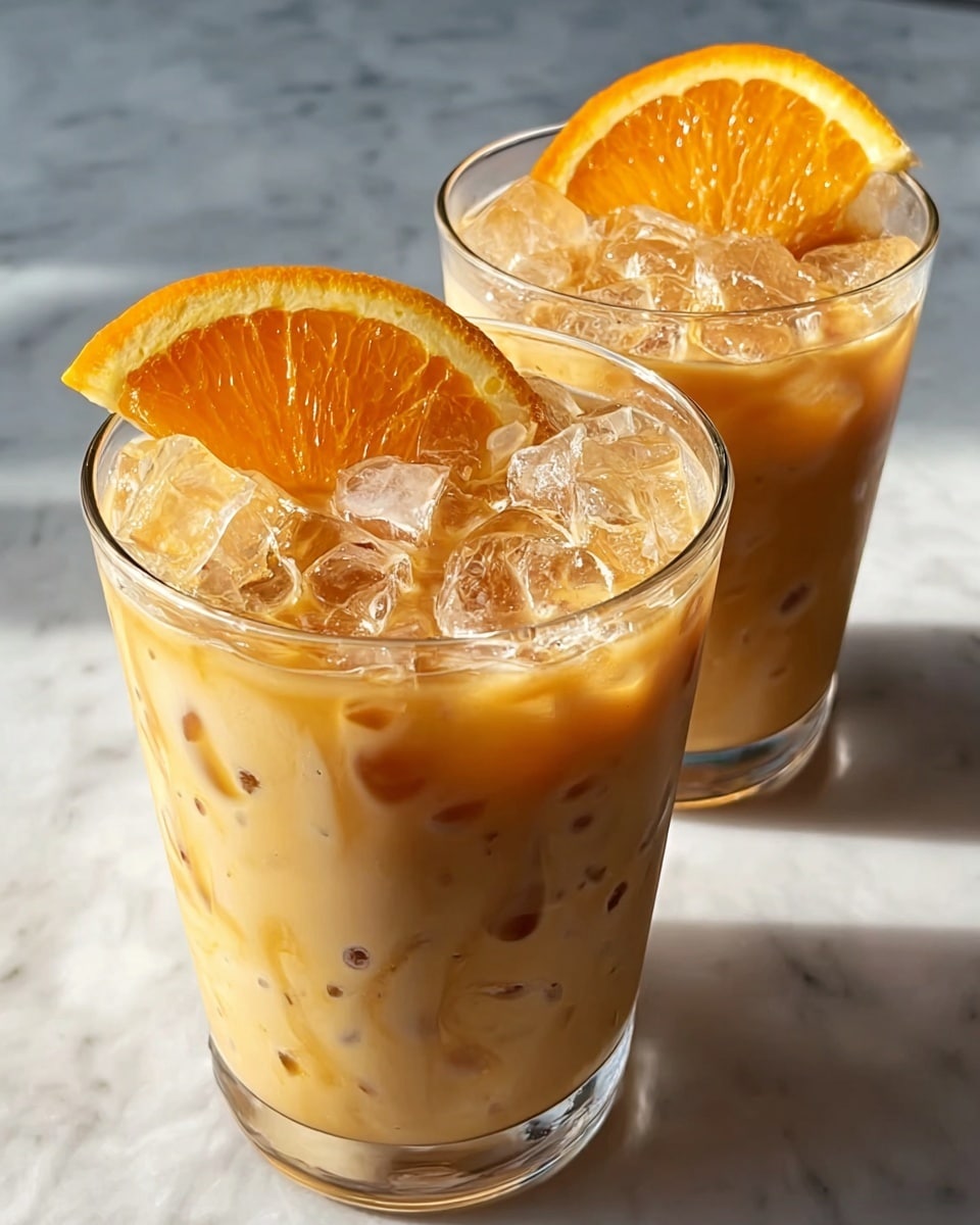Two clear glasses filled with a creamy light brown iced drink, each glass topped with clear ice cubes that add a textured sparkle. In each glass, layers show a mix of light caramel and milk tones swirling together, with ice cubes visible both inside and on top. Each glass is garnished on the rim by a bright orange slice, adding a vibrant pop of color. The glasses sit on a white marbled surface with soft natural light highlighting their cool, refreshing appearance. photo taken with an iphone --ar 4:5 --v 7
