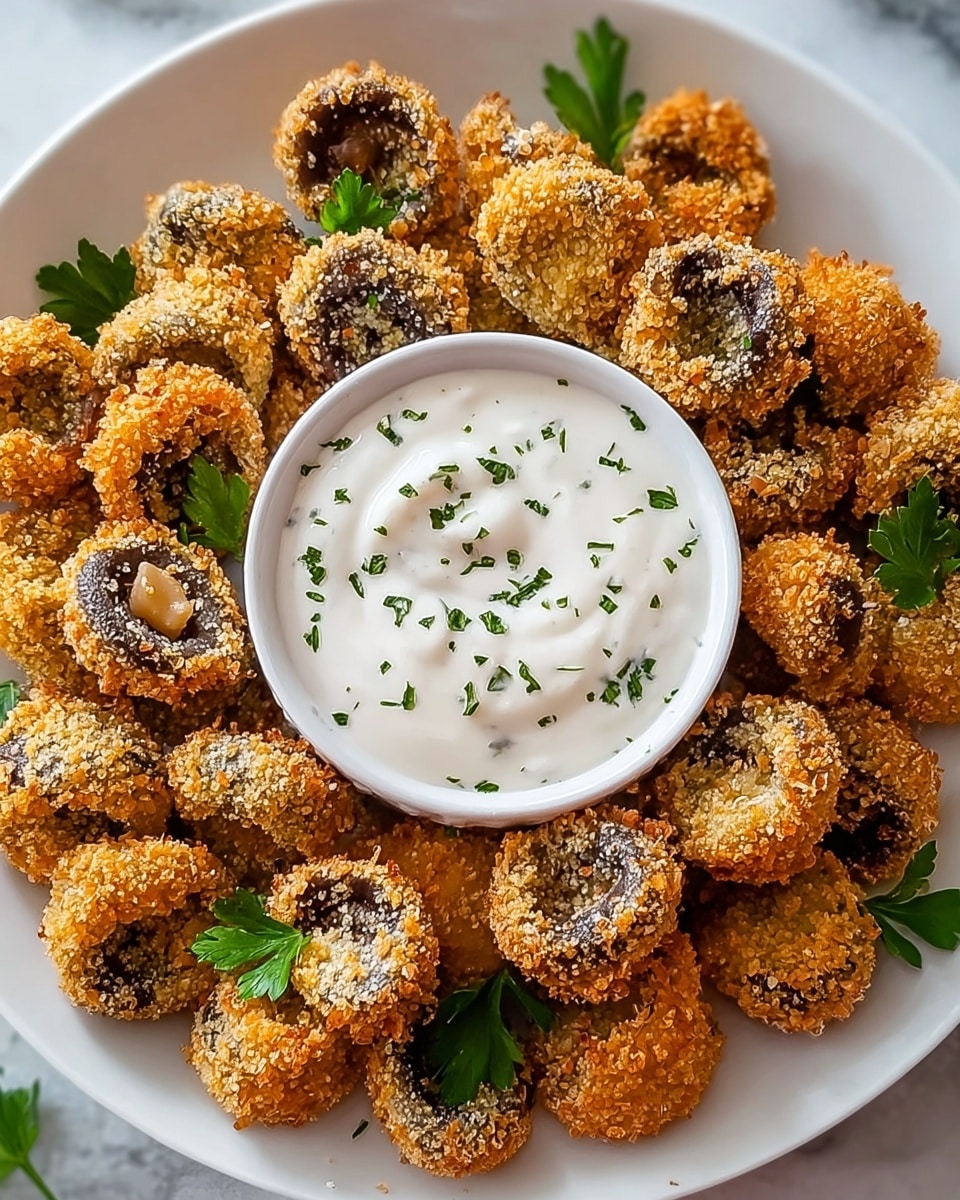 A white plate filled with a single layer of small, round fried mushrooms that are golden brown and coated with a coarse crumb texture, showing dark mushroom centers. In the middle of the plate, there is a small white bowl filled with thick white creamy sauce sprinkled with small green herb pieces. Some green parsley leaves are scattered over the mushrooms for decoration. The plate sits on a white marbled surface. Photo taken with an iphone --ar 4:5 --v 7