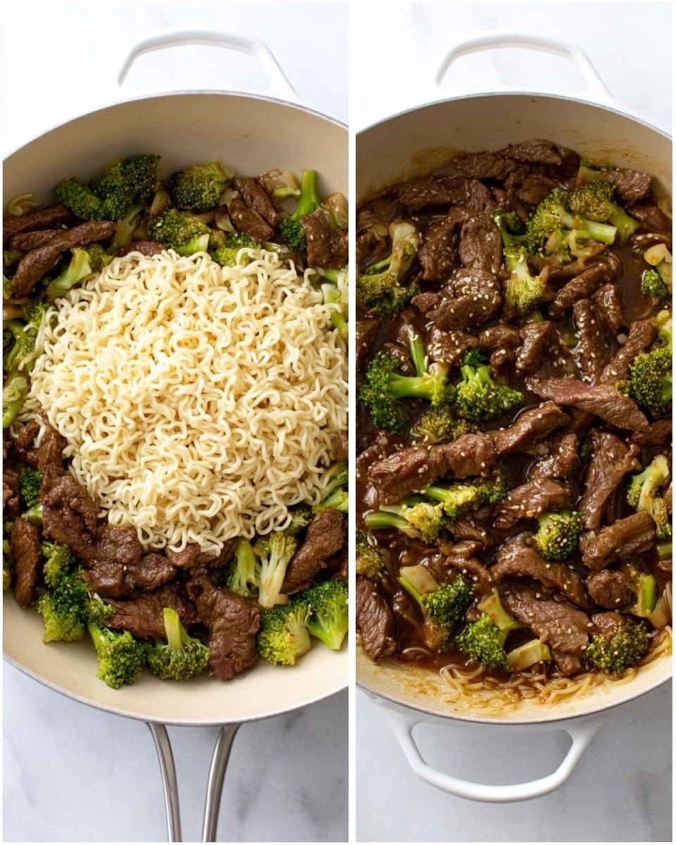 The dish shows a white pan filled with three main layers: the bottom layer consists of dark brown beef strips in sauce mixed with bright green broccoli florets scattered evenly; the second layer in the left image is a large mound of pale yellow cooked ramen noodles placed in the center on top of the beef and broccoli; in the right image, the noodles are mixed in with the beef and broccoli, coating everything in a glossy brown sauce that ties all the ingredients together; the textures show tender beef, soft noodles, and crisp broccoli pieces against a white marbled background. Photo taken with an iphone --ar 4:5 --v 7