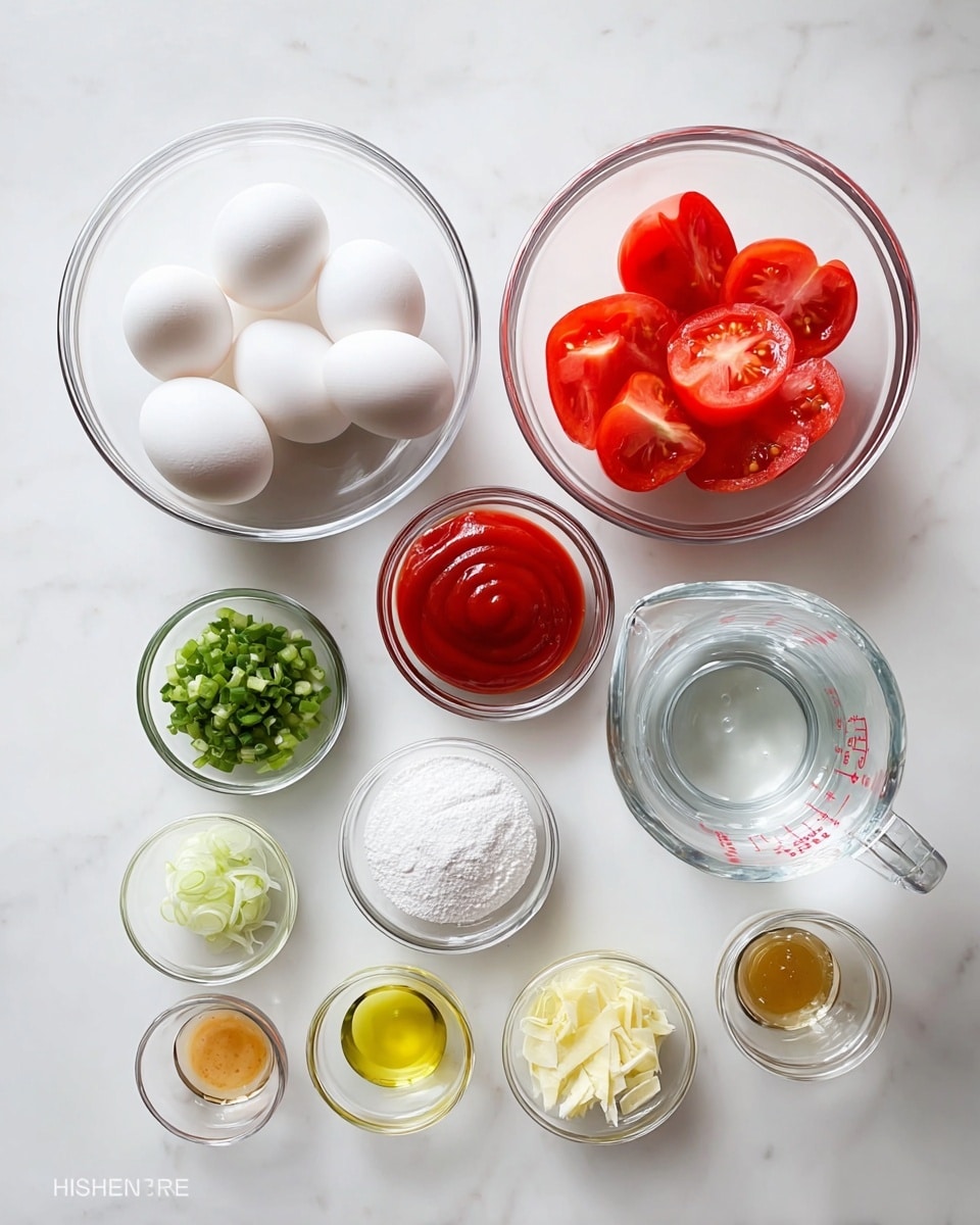 A white bowl filled with a vibrant mix of soft scrambled eggs and chunky red tomatoes, all cooked together in a slightly saucy texture. The dish shows bright orange and red tones with pieces of tomatoes interspersed with fluffy yellow egg curds. Freshly chopped green onions are scattered on top, adding a touch of green and freshness to the dish. A woman's hand holds a silver spoon lifting a portion of the egg and tomato mixture from the bowl. The bowl sits on a white marbled surface, with a small glass bowl of chopped green onions blurred in the background. photo taken with an iphone --ar 4:5 --v 7