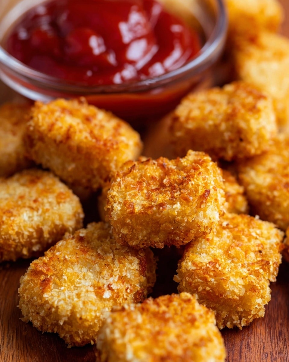 The image shows several small golden-brown breaded nuggets arranged closely together on a wooden surface. Each nugget has a crispy and textured coating with uneven, crunchy bits visible. In the background, there is a small clear glass bowl filled with thick red sauce, possibly ketchup, slightly out of focus. The nuggets are roughly rectangular with rounded edges, showing a crunchy, toasted outer layer. photo taken with an iphone --ar 4:5 --v 7