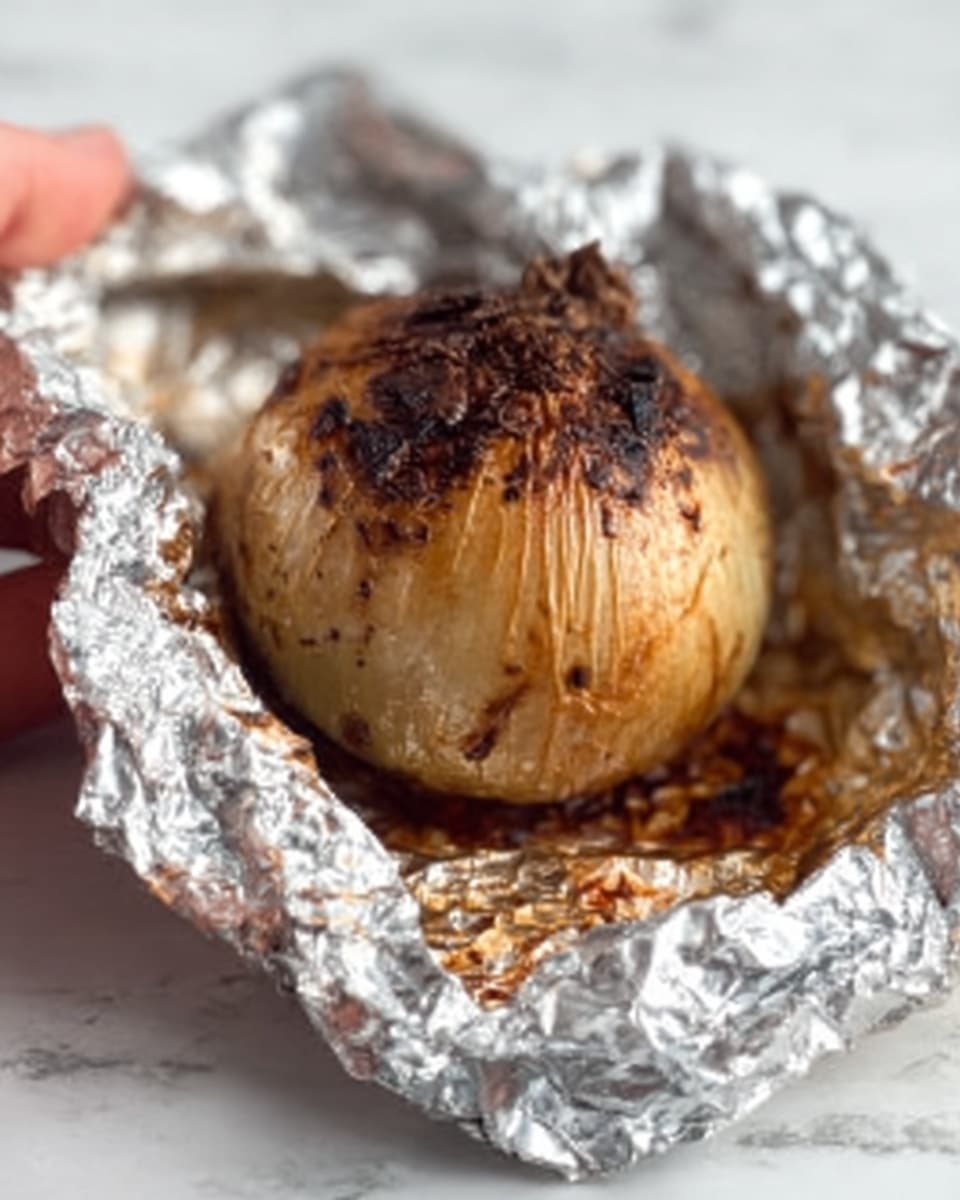 The image shows a single roasted onion placed in crumpled aluminum foil. The onion is golden-brown with dark, slightly charred spots on the top, showing a crispy texture. The foil surrounds the onion, reflecting light with shiny silver wrinkles and creases. The setting has a white marbled surface visible around the foil edges. A woman's hand holds the edge of the foil slightly lifting it. Photo taken with an iphone --ar 4:5 --v 7