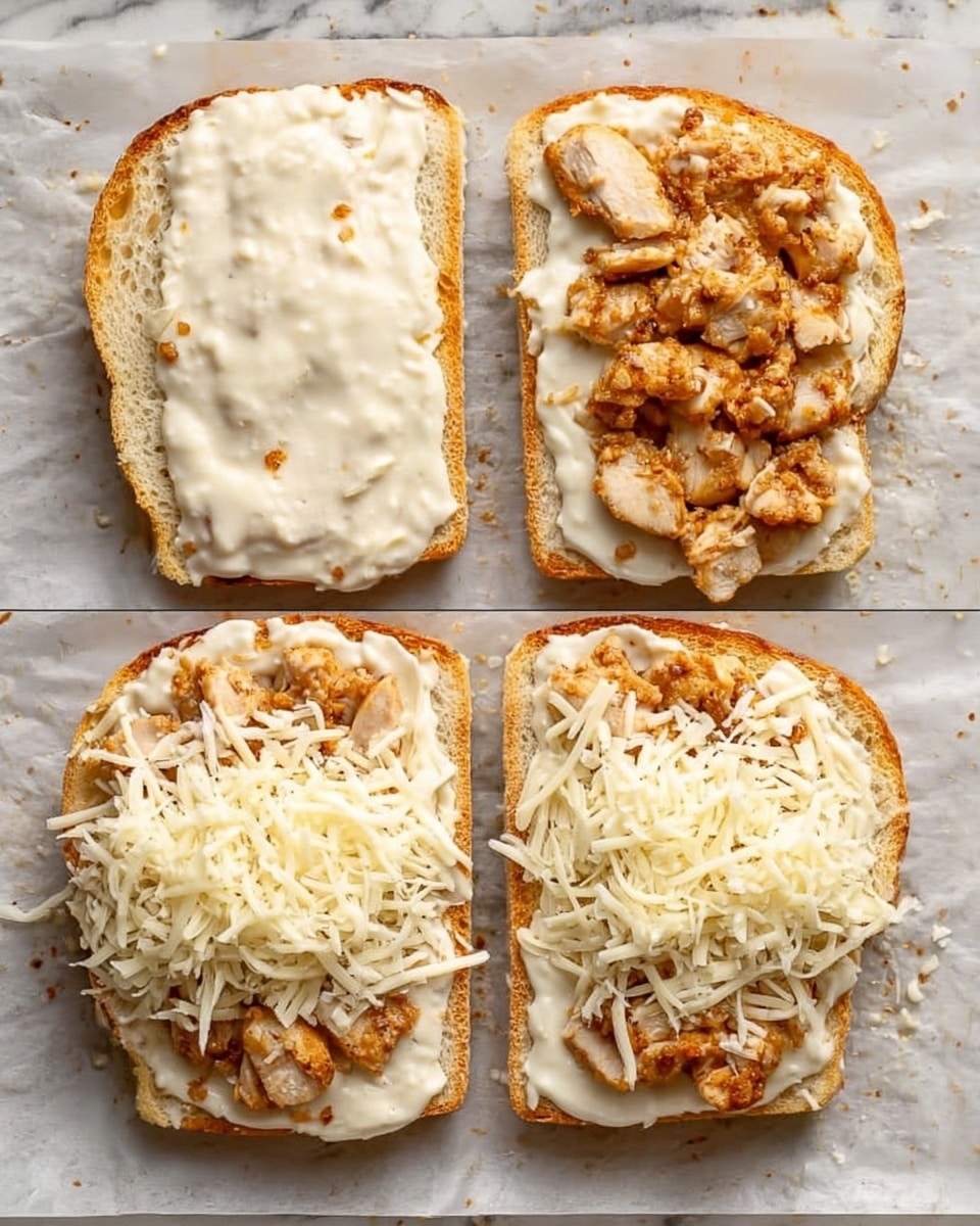 The image shows two halves of a sandwich open on white parchment paper over a white marbled surface. Each half has three layers: the bottom layer is a lightly toasted bread slice; the middle layer is a creamy white sauce spread thickly over the bread with a smooth texture; the next layer is a generous amount of small, browned, cooked chicken pieces scattered evenly across the sauce; the top layer is shredded white cheese spread in a loose pile over the chicken. Photo taken with an iphone --ar 4:5 --v 7