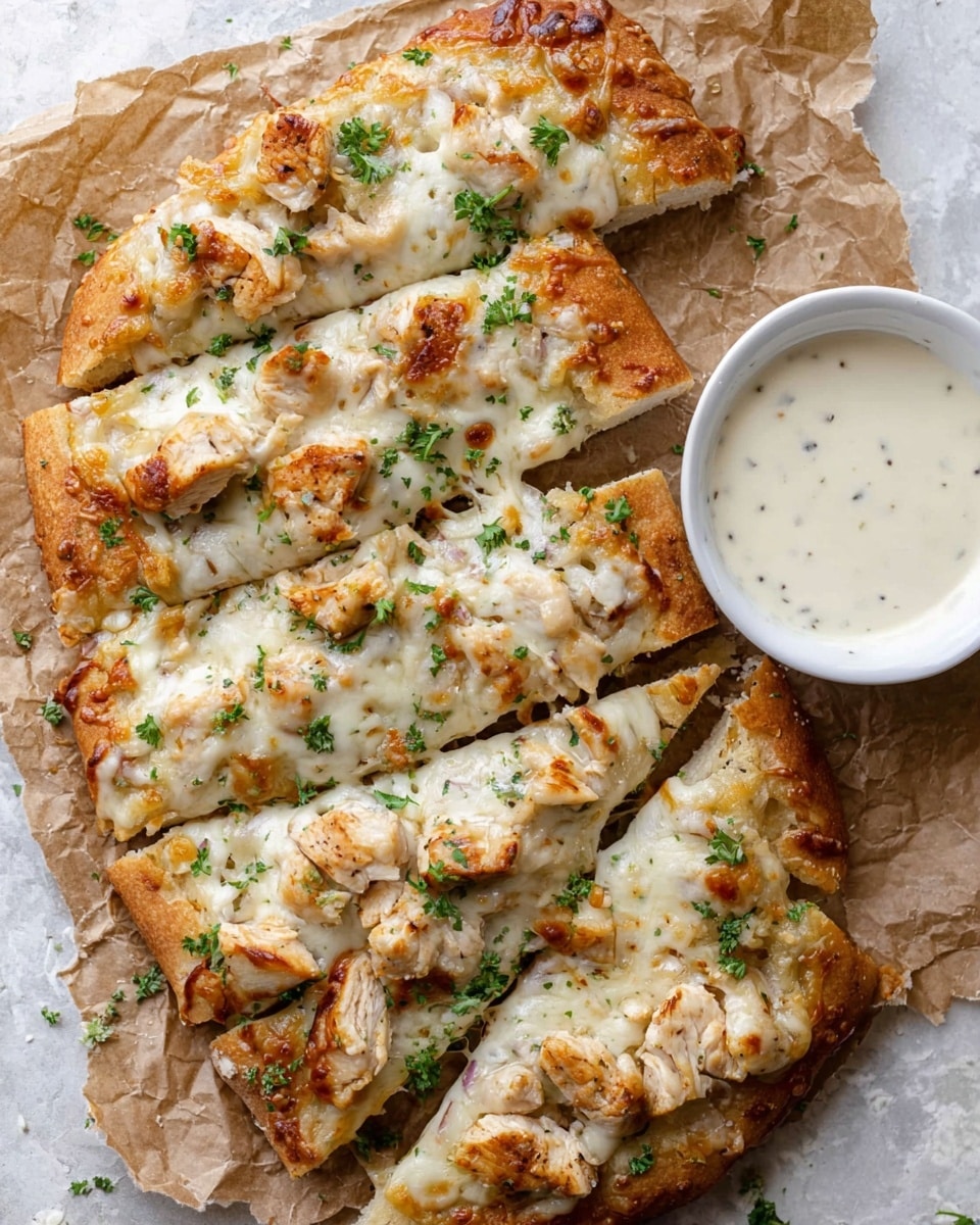 The image shows a white pizza sliced into six pieces on crumpled brown parchment paper, placed on a white marbled surface. The crust is golden brown and looks thick and soft. On top, there is a creamy white sauce layer, covered with melted white cheese that appears slightly bubbly and browned in some spots. Small chunks of golden-brown cooked chicken are scattered over the cheese, with bits of green parsley sprinkled evenly on top for color. To the right of the pizza, there is a small round white bowl filled with a creamy white dipping sauce that has tiny black specks mixed in. Photo taken with an iphone --ar 4:5 --v 7