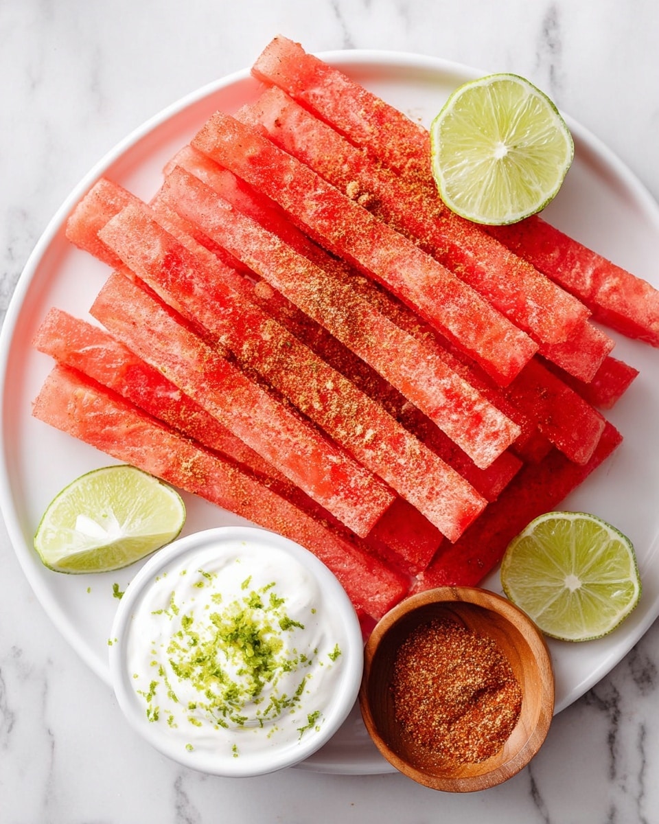 A white plate filled with long, thin red watermelon sticks stacked in two uneven layers, sprinkled with a reddish-brown seasoning powder. On the plate, there are two lime halves, one on the top right and one on the bottom left. A small white bowl with a creamy white sauce topped with green lime zest is placed on the lower right side of the plate, next to a small wooden bowl filled with the same seasoning powder. The background is a white marbled surface. Photo taken with an iphone --ar 4:5 --v 7