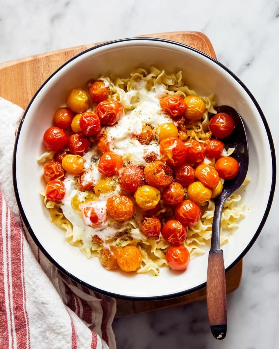 A white bowl with a black rim holds a layered dish starting with a base of pale twisted pasta at the bottom. On top of the pasta are many small, round cherry tomatoes in bright red, orange, and yellow colors, some slightly blistered and shiny from cooking. A creamy, white, slightly melted layer is spread unevenly over the tomatoes. A black spoon with a wooden handle rests inside the bowl on the left side. The bowl is placed on a wooden board and a white cloth with red stripes on a white marbled surface. Photo taken with an iphone --ar 4:5 --v 7
