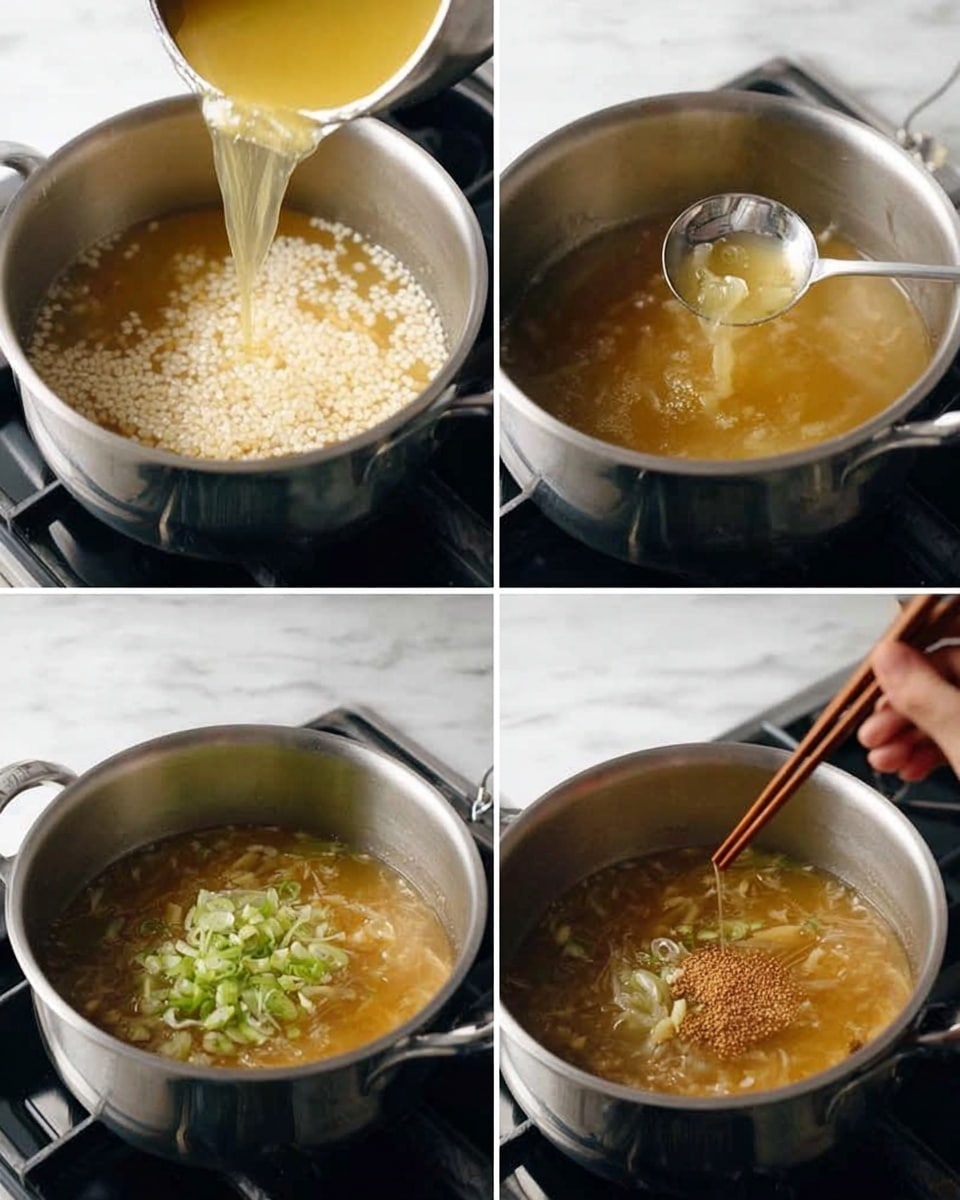 Two white speckled bowls of thick rice porridge with light beige color fill most of each bowl, showing soft pieces of white chicken scattered throughout. The porridge is topped with small, bright green rings of sliced scallions and a light drizzle of a darker brown sauce. Each bowl has a silver spoon resting inside, placed diagonally. The bowls sit on a white marbled surface; one bowl is also on a light wooden board. Near the dishes, there is a small white speckled bowl filled with dark green chopped scallions, a small wooden bowl with coarse white salt and a wooden spoon, a white ceramic container with a blue design, and a crumpled blue cloth napkin. Photo taken with an iphone --ar 4:5 --v 7
