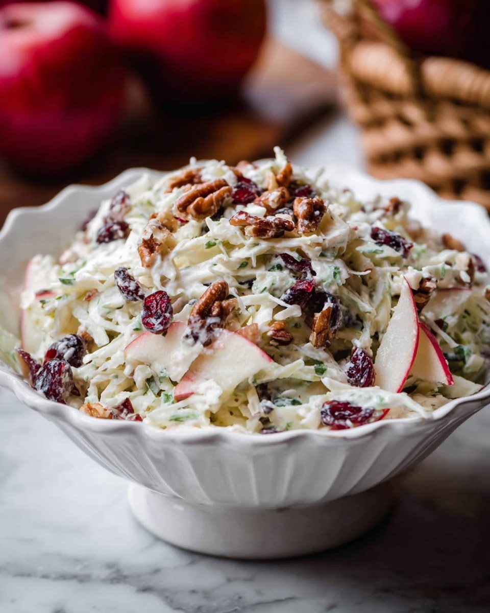 A white scalloped bowl filled with a creamy salad made of three main layers: the base layer is thin white and pale green shredded vegetables with some light green herbs, the middle layer has thin slices of red-skinned apples mixed throughout, and the top layer is sprinkled with dark red dried cranberries and small brown nut pieces, giving a mix of soft, crunchy, and chewy textures. The bowl is placed on a white marbled surface, with blurred red apples and a basket in the background. Photo taken with an iphone --ar 4:5 --v 7