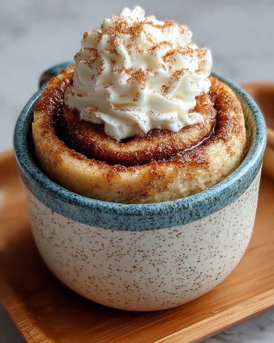 This image shows a light brown cinnamon roll with a soft spongy texture, in a white speckled blue cup. The roll is topped with a white swirl of whipped cream sprinkled with cinnamon powder. The cup sits on a wooden tray, and the background is a white marbled surface. The cinnamon roll fills the cup, showing clear layers of dough spiraled with cinnamon, with the top layer slightly darker and glistening from baked cinnamon sugar. Photo taken with an iphone --ar 4:5 --v 7