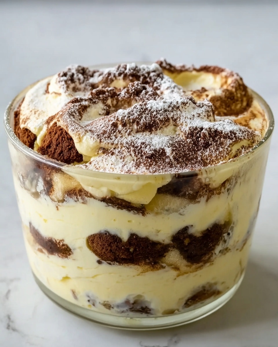 A transparent glass bowl showing multiple layers of a dessert with creamy pale yellow layers and dark brown layers with a powdery texture, topped with some white powdered sugar sprinkled unevenly. The creamy layers have a smooth, soft texture, and the dark brown layers look slightly rough with crumbled spots. The bowl is placed on a white marbled surface with soft lighting that highlights the texture of the dessert. The layers inside are clearly visible through the glass, showing an alternating pattern of creamy and dark brown layers throughout the bowl. photo taken with an iphone --ar 4:5 --v 7
