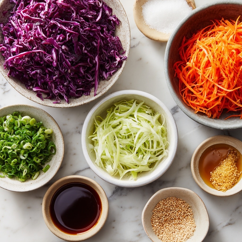 A tall mound of colorful salad is piled high on a white plate with a speckled rim, placed on a white marbled surface. The salad has multiple layers starting with light green leafy cabbage at the bottom, followed by shreds of bright orange carrots mixed with deep purple cabbage strips. Scattered throughout are small pieces of green onions adding a fresher green tone. The whole salad is sprinkled generously with tiny off-white sesame seeds, giving a crunchy texture on top. Photo taken with an iphone --ar 4:5 --v 7