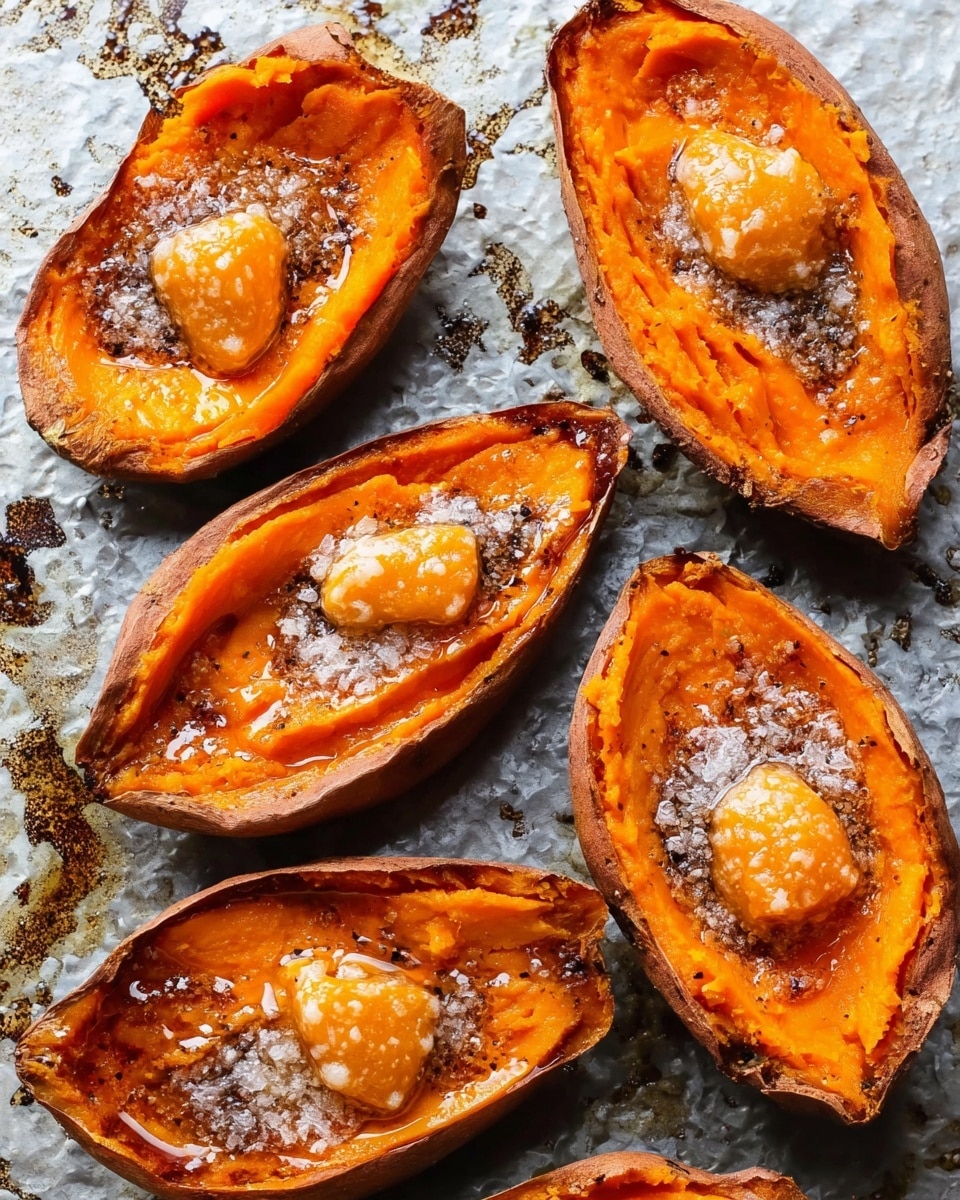 The image shows six orange sweet potato halves, each roasted with a slightly wrinkled and shiny surface. They lie on a textured, white marbled background with some spots of dark seasoning around. Each half has a small dollop of soft brown butter melting in the center, surrounded by a light glaze with a sprinkle of coarse salt and black pepper. The sweet potatoes' edges are slightly browned, giving them a roasted look. Photo taken with an iphone --ar 4:5 --v 7