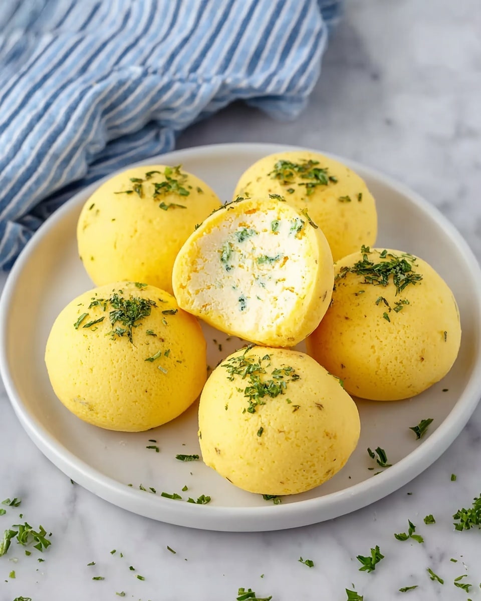 The image shows four small, round yellow balls with a soft, airy texture similar to sponge. Each ball is sprinkled with small pieces of green herbs on top. They are placed on white parchment paper over a white marbled surface. The background has a blurred blue and white striped fabric, creating a calm contrast with the yellow balls. The focus is sharp on the closest ball, showing its porous surface clearly, while the others are softly blurred behind it. Photo taken with an iphone --ar 4:5 --v 7