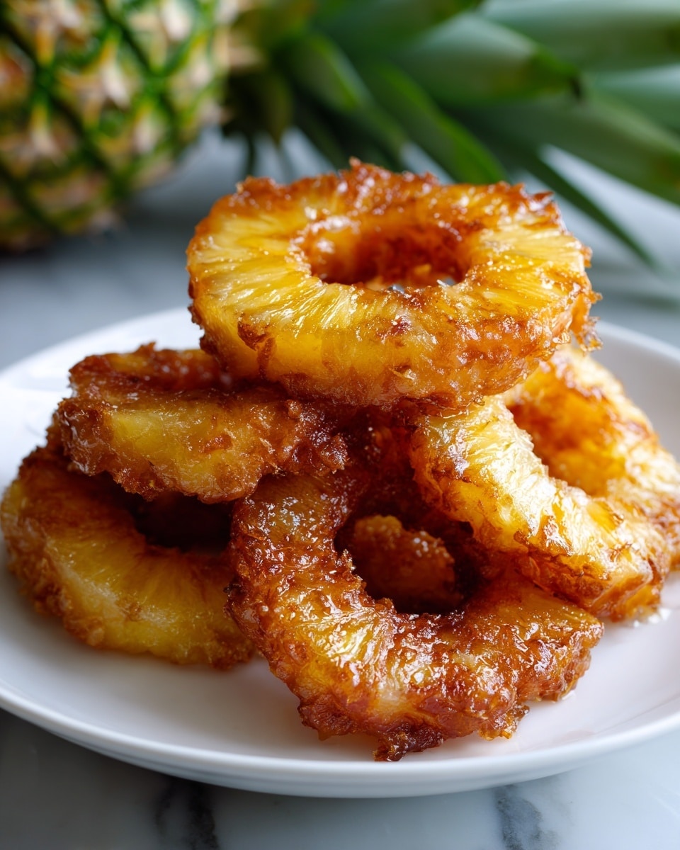 A close-up view of a white plate filled with several golden brown fried pineapple rings stacked loosely with uneven edges showing a crispy and textured surface. The pineapple rings have a shiny, crunchy coating with some parts darker and caramelized, and the yellow pineapple flesh is visible inside the fried batter. The background shows a blurred green pineapple with leaves, and the plate is placed on a white marbled surface. photo taken with an iphone --ar 4:5 --v 7