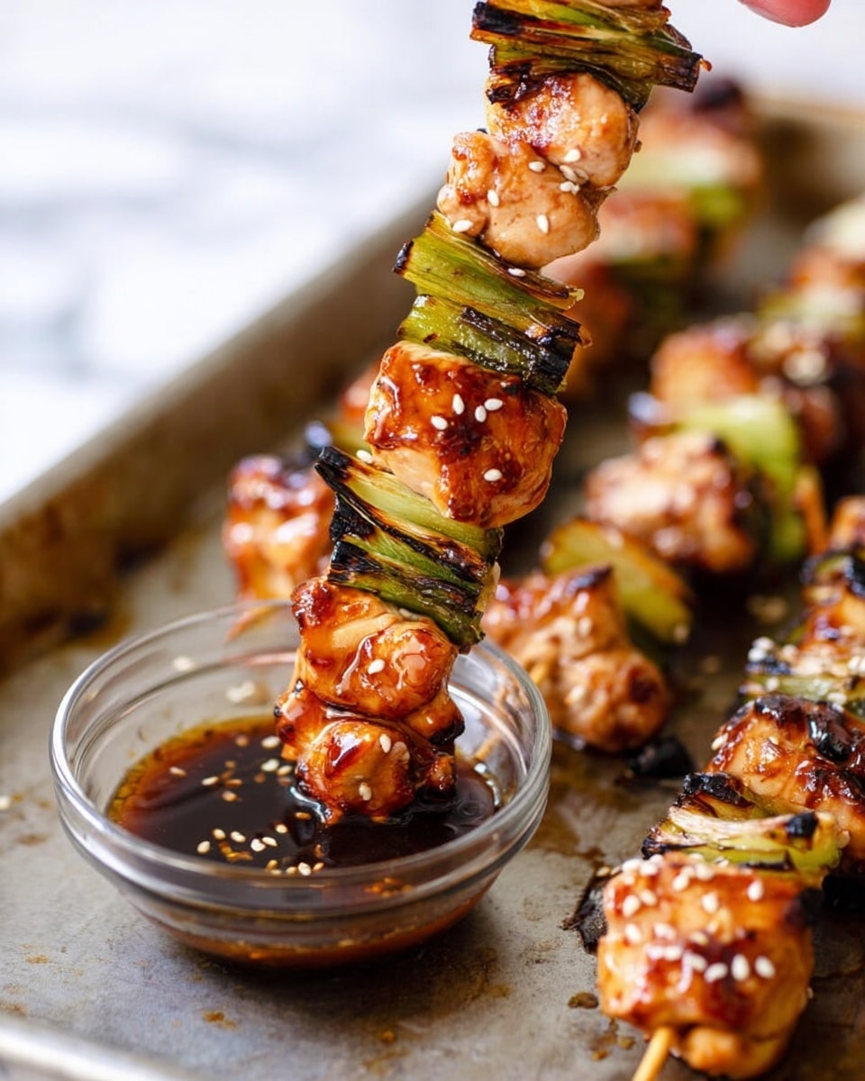The image shows several skewers of grilled chicken pieces and green onion pieces arranged closely on a grill or metal surface with a white marbled look. Each skewer has multiple chunks of browned, slightly charred chicken that are golden with grill marks, alternating with vibrant, slightly charred green onion sections that are dark green and light green. A woman's hand is brushing a shiny brown sauce over one of the chicken pieces using a brown silicone brush. The overall scene is warm and savory, highlighting the glossy texture of the sauce and the smoky grilled details of the chicken and onions. photo taken with an iphone --ar 4:5 --v 7