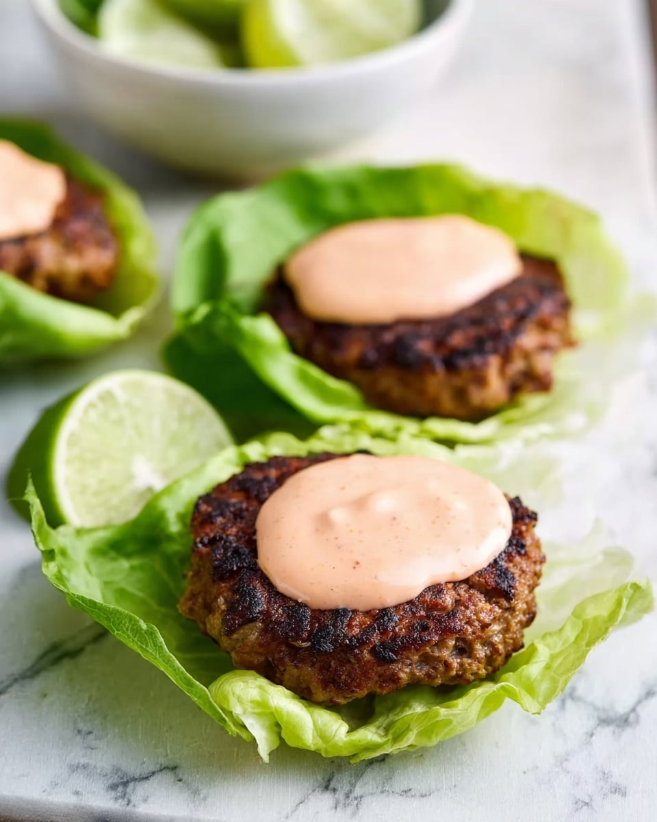 The image shows two lettuce cups on a white marbled surface, each holding a single dark brown grilled patty with a slightly crispy texture. On top of each patty is a smooth, light pink sauce, spread evenly and slightly dripping at the edges. The lettuce cups are light green with a crinkled texture, forming natural bowls for the patties. In the background, a white bowl with slices of lime and parts of more lettuce cups with patties are slightly blurred. photo taken with an iphone --ar 4:5 --v 7