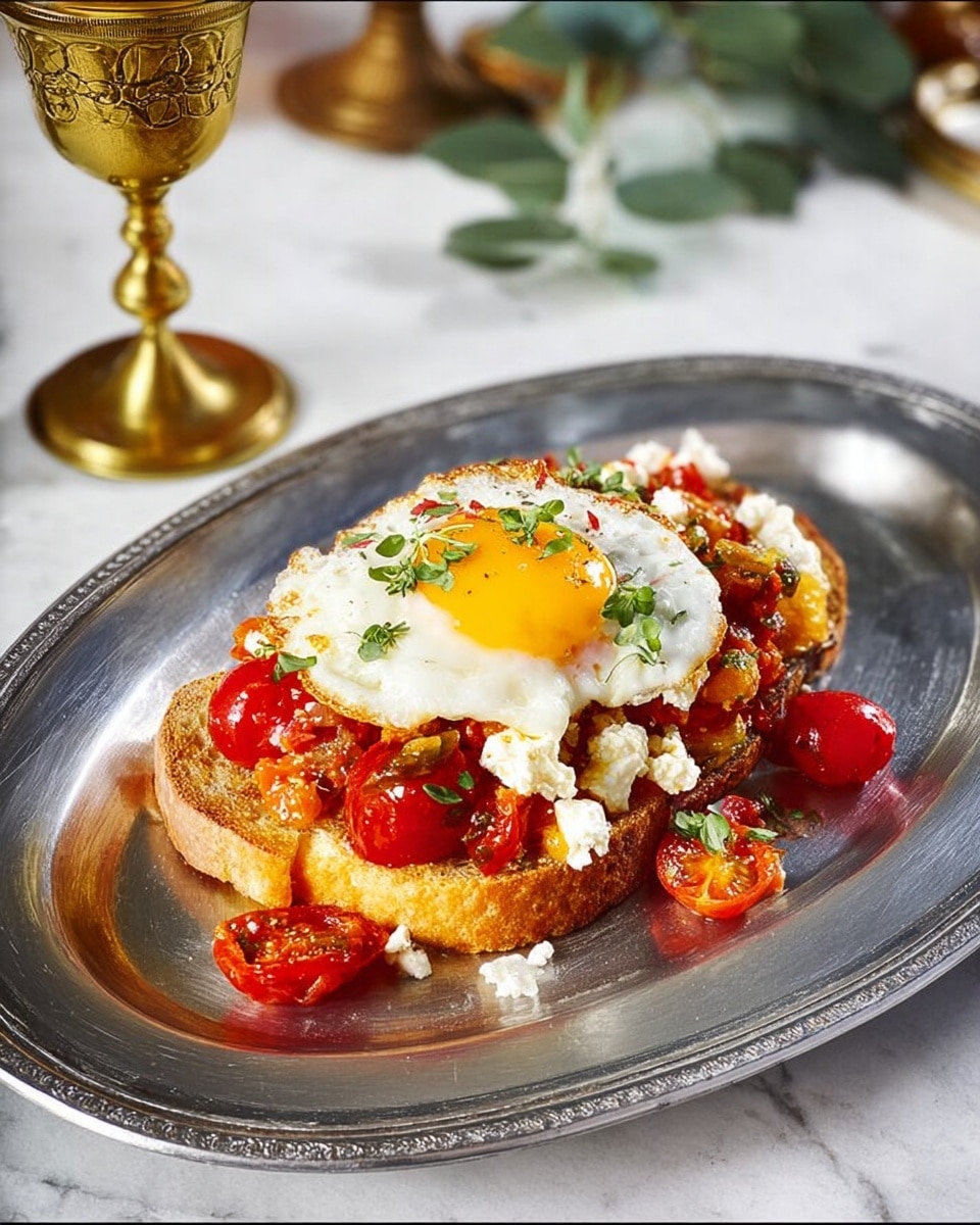 A metal serving plate holds a piece of toasted bread topped with a cooked red tomato mixture containing small cherry tomatoes and chunks of white cheese. On top of this is a single fried egg with a soft, pale yellow yolk and white edges, garnished with small green herb leaves. The plate sits on a white marbled surface with some green leaves and a golden goblet in the blurred background. photo taken with an iphone --ar 4:5 --v 7