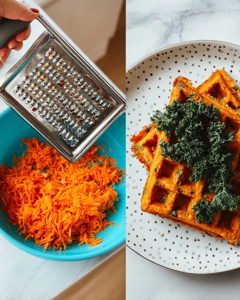 The image shows two parts: on the left side, a woman's hand is holding a metal grater over a bright blue bowl filled with shredded orange carrots, the grater still covered with small carrot pieces. On the right side, there is a close-up of two triangular orange waffles on a white plate with small dot patterns, topped with dark green cooked kale leaves, placed on a white marbled surface. photo taken with an iphone --ar 4:5 --v 7