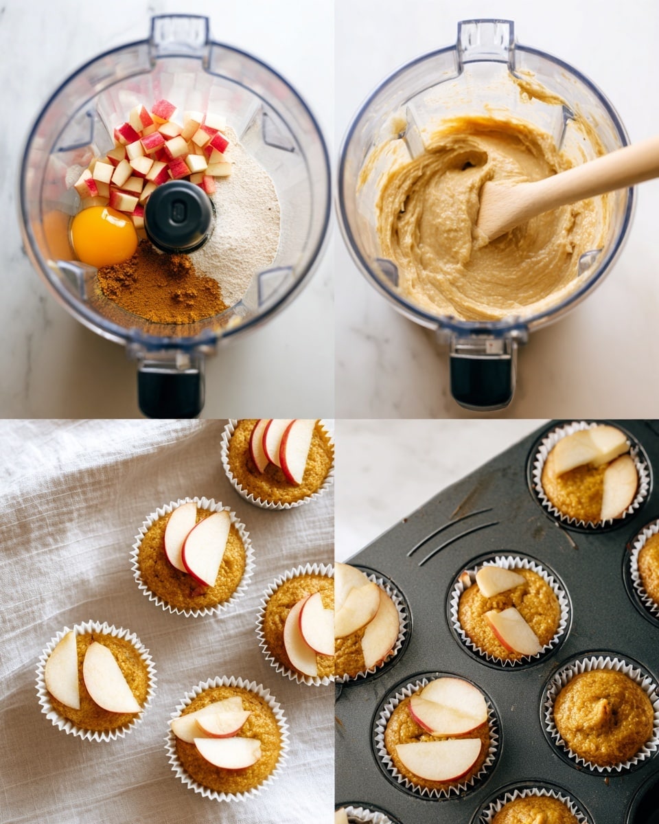 A clear blender bowl shows a mix of ingredients including an egg, orange puree, white powder, and spices arranged in layers at the bottom in the first frame. In the second frame, the blender contains a smooth beige batter with small chunks of red-skinned apple pieces on top, and a light wooden spatula resting inside. The third frame shows a dark muffin pan filled with lined white paper muffin cups, each filled with the beige batter and topped neatly with three thin apple slices arranged in a fanned pattern. The final frame presents several finished muffins with golden brown tops, each decorated with a few fanned apple slices, all set on a white cloth over a white marbled surface. Photo taken with an iphone --ar 4:5 --v 7