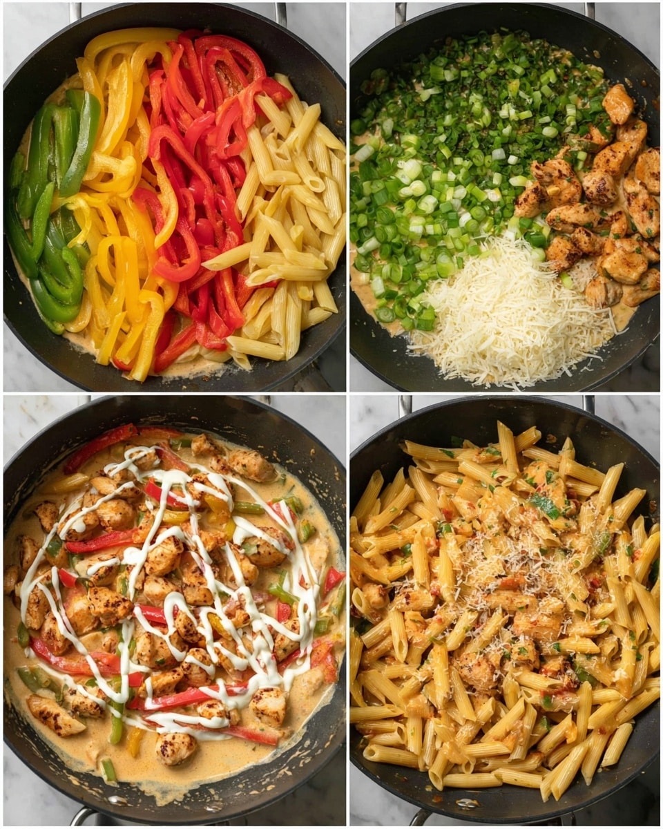 The images show six steps of a creamy pasta dish cooking in a black pan set on a white marbled surface. The first layer has three groups of sliced bell peppers arranged side by side: red on the left, yellow in the middle, and green on the right, all fresh and bright. The second image shows the peppers softened and mixed with chopped green onions piled in the center. The third layer shows the vegetables in a swirling red and orange sauce with a drizzle of white cream on top. The fourth layer adds small browned pieces of chicken on top of the creamy mixture with visible bits of pepper and onion. The fifth layer displays cooked penne pasta placed over the creamy sauce and chicken, filling half of the pan. The final layer shows the pasta fully mixed with the sauce, chicken, and vegetables with a sprinkle of grated cheese on top. Photo taken with an iphone --ar 4:5 --v 7