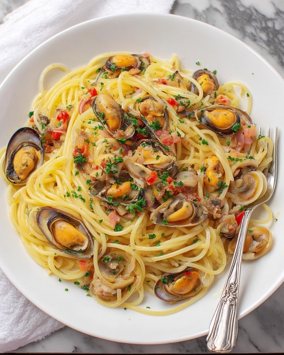 A white deep plate holds a serving of spaghetti pasta piled in loose layers, light yellow in color and smooth in texture. Scattered on top are small orange and brown mussels, mixed with slices of light beige mushrooms and bits of red peppers and pink onions. The dish is sprinkled with finely chopped green herbs, adding freshness and color contrast. A silver fork rests to the side on the plate. The plate sits on a white marbled surface with a white cloth slightly visible nearby photo taken with an iphone --ar 4:5 --v 7