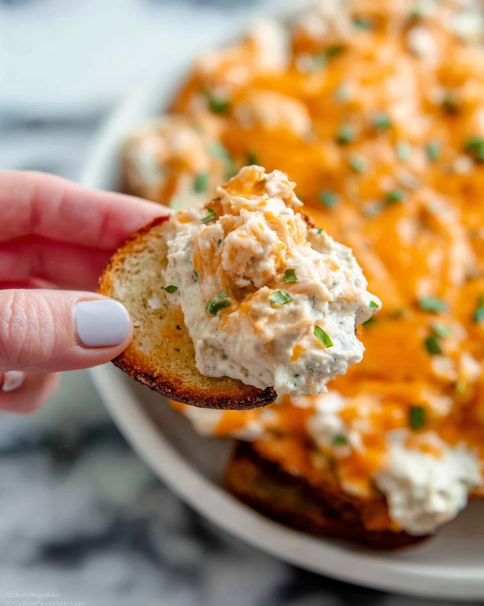 A close-up image of a woman's hand holding a toasted white bread round chip with a thick layer of creamy white dip mixed with shredded orange cheese on top. In the background, a white plate filled with a base layer of creamy white dip spread evenly and covered with a thick melted layer of orange cheese, garnished with small green herb pieces. The surface underneath is a white marbled texture. Photo taken with an iphone --ar 4:5 --v 7