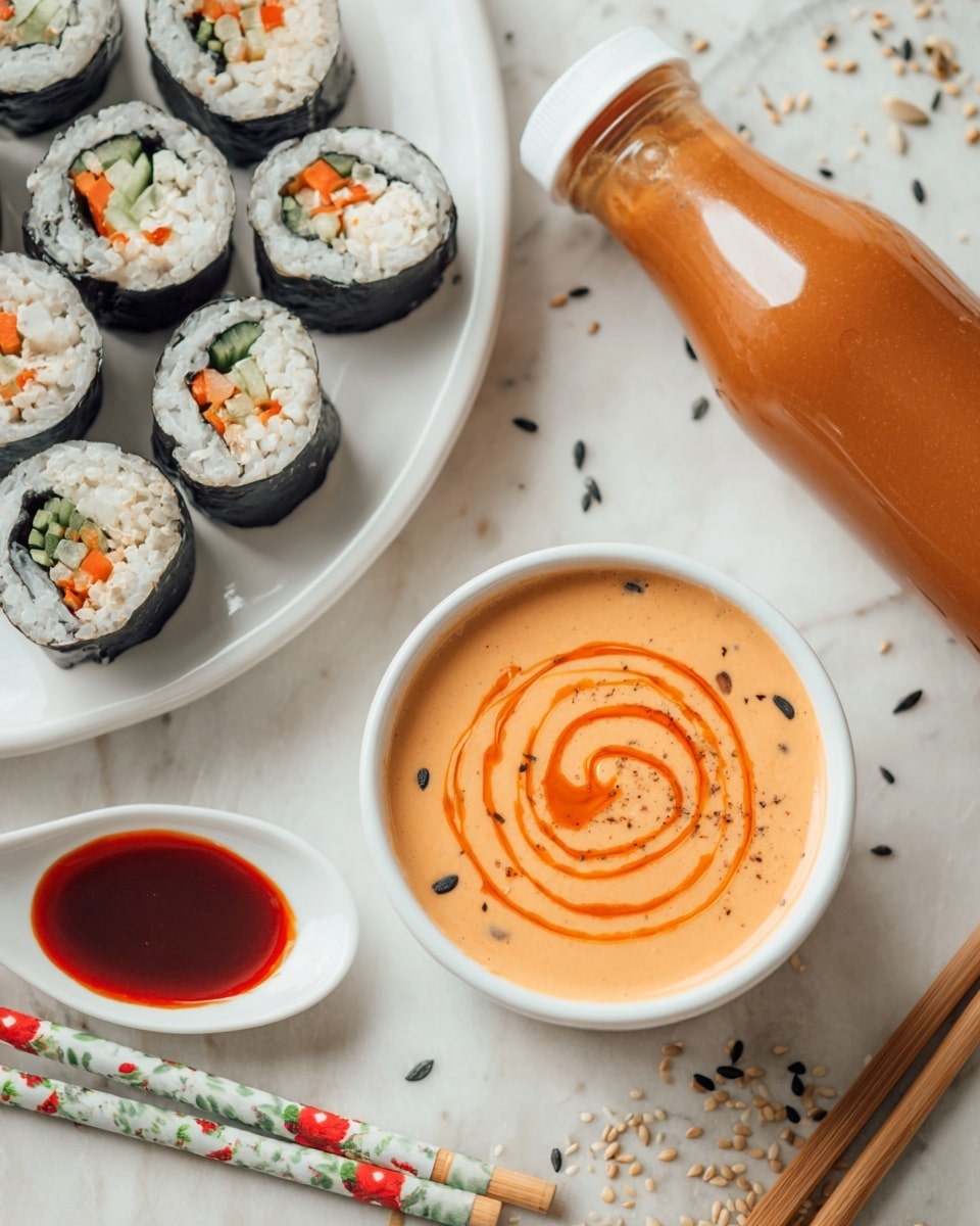 A clear glass bowl sits on a white marbled surface, filled with a creamy mixture that has two visible layers swirling together: a thick white layer and a light orange layer mixed evenly by a metal whisk. A woman's hand is pouring a bright red-orange sauce from a glass bottle into the bowl, with drops falling onto the mixture. Around the bowl on the surface, there are two lime halves, some garlic cloves, and scattered small seeds or spices. Photo taken with an iphone --ar 4:5 --v 7