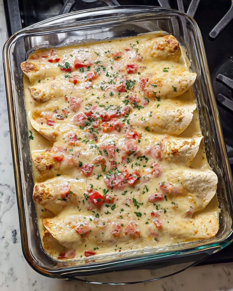 A clear glass rectangular baking dish holds four rolled tortillas placed side by side, each covered in a melted creamy cheese sauce mixed with small red tomato pieces and green herbs sprinkled on top. The tortillas are lightly browned at the edges, and the sauce is thick, rich, and smooth with a pale yellow color. The dish sits on a stove with a white marbled surface visible beside it. photo taken with an iphone --ar 4:5 --v 7