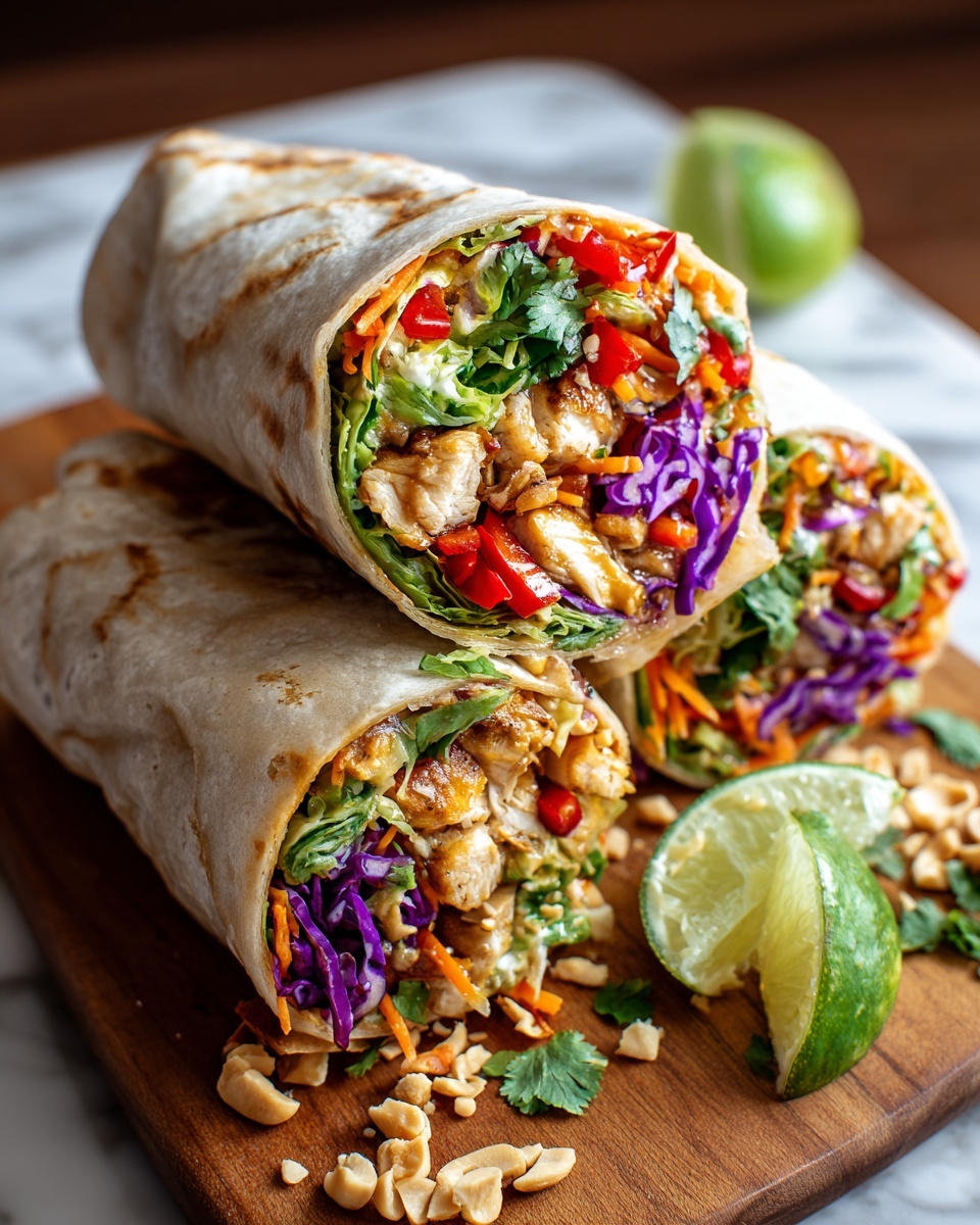 The image shows three halves of a tortilla wrap stacked on a wooden board with a white marbled background. Each wrap is filled with layers starting from the bottom of shredded green lettuce, followed by bright purple cabbage and thin orange carrot strips, topped with chunks of cooked golden-brown chicken. There are pieces of red bell pepper and fresh green cilantro scattered throughout the filling. Small chopped nuts lie beside the wraps, adding texture. A wedge of lime is blurred in the background. The wraps have a light toasted look with soft, slightly browned spots. Photo taken with an iphone --ar 4:5 --v 7
