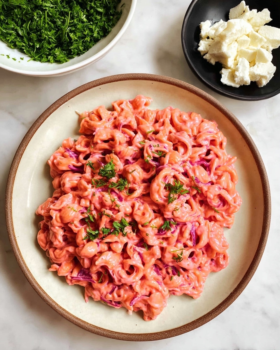 The image shows a close-up of a metal pot filled with two layers of food. The bottom layer is light yellow pasta with a curly, ridged texture, filling the pot almost to the top. On top of the pasta, there is a thick, smooth sauce of bright deep pink color spread unevenly over the center. The pot handle is shiny silver and the pot sits on a white marbled surface. The lighting is soft and natural, highlighting the creamy texture of the sauce and the pale pasta coils. photo taken with an iphone --ar 4:5 --v 7
