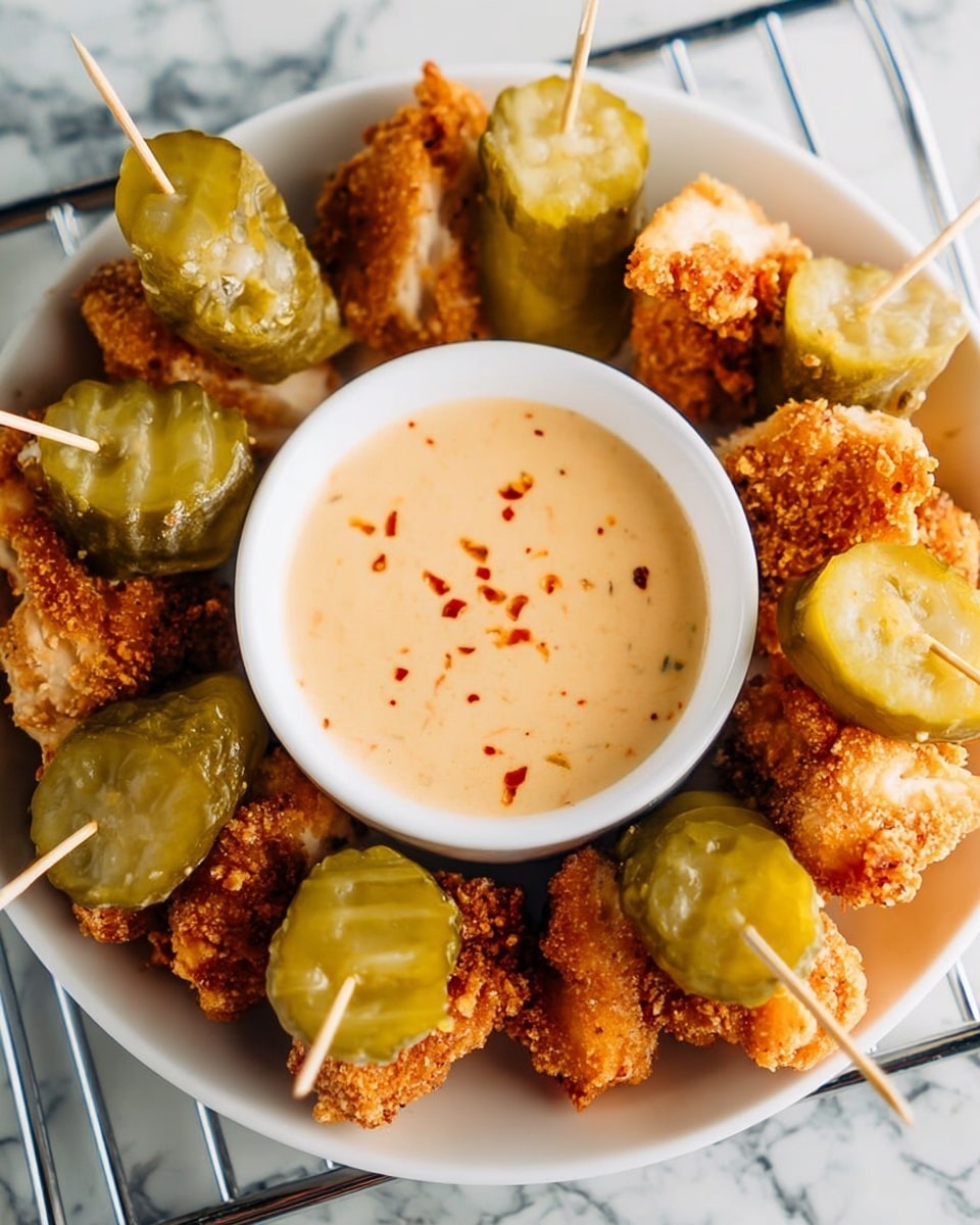 Two wooden skewers lie on white parchment paper on top of a metal wire rack with a white marbled surface beneath. Each skewer has alternating layers of golden crispy fried chicken pieces and thick green pickle slices, stacked about four layers each. Between chicken and pickle pieces is the crunchy and slightly rough texture of the fried coating contrasted with the smooth and wet surface of the pickles. In the center of the parchment is a small round metal cup filled with creamy, pale yellow dipping sauce with small brown spice flecks. A small bowl with more thick pickle slices is in the background, slightly out of focus. photo taken with an iphone --ar 4:5 --v 7