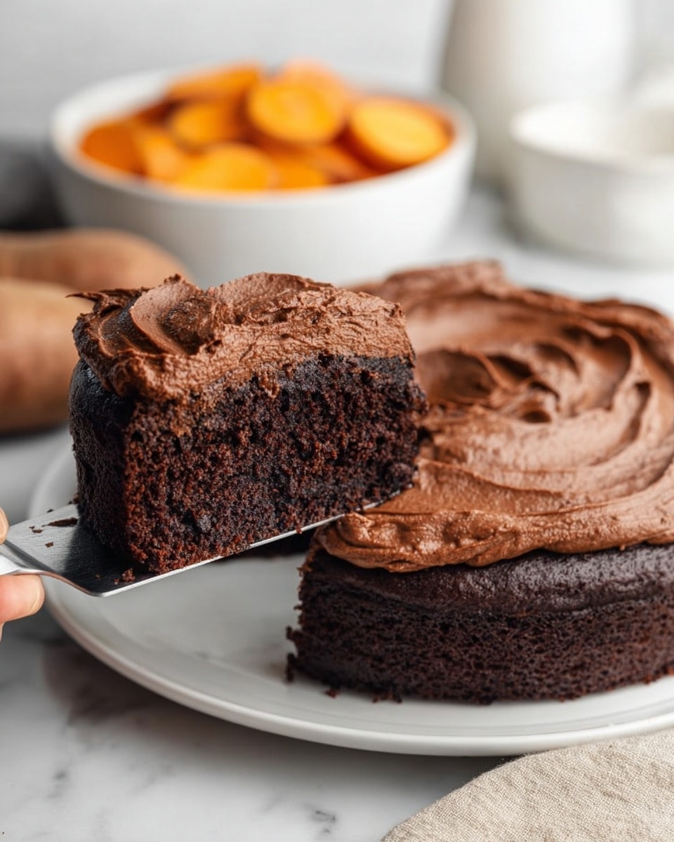 A rich, dark chocolate cake with one thick layer topped with a generous, fluffy layer of smooth chocolate frosting that has soft swirls on the top surface. A slice of the cake is lifted, showing the moist and dense texture of the dark brown cake beneath the creamy frosting. This cake rests on a white plate against a white marbled background, and in the background there is a white bowl filled with orange sweet potatoes. A woman's hand holds the slice with a silver cake server. Photo taken with an iphone --ar 4:5 --v 7